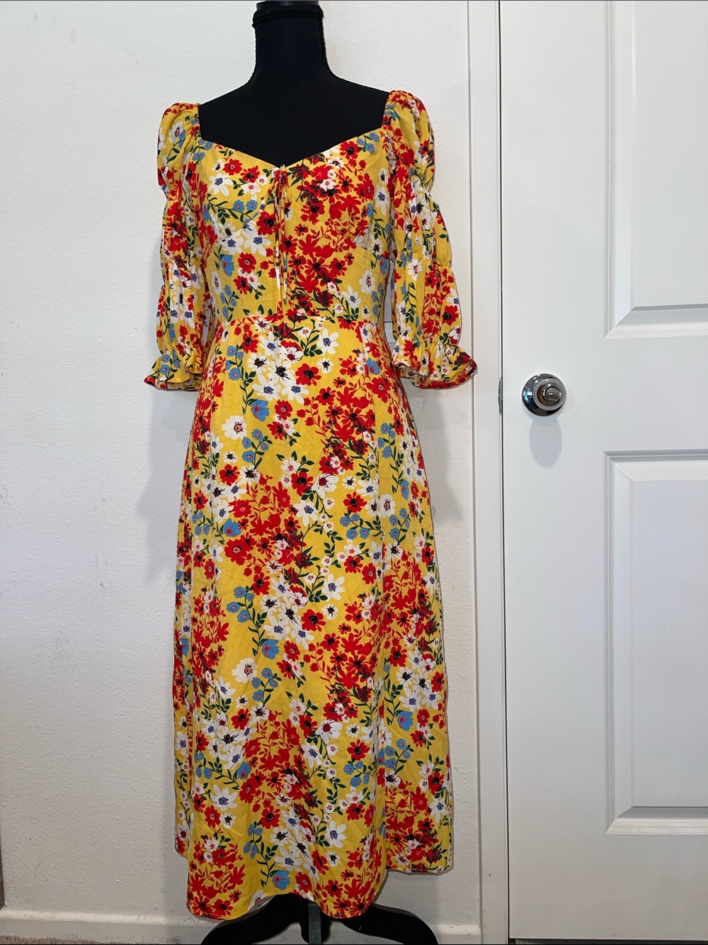 Yellow Floral Midi Dress with Puff Sleeves
